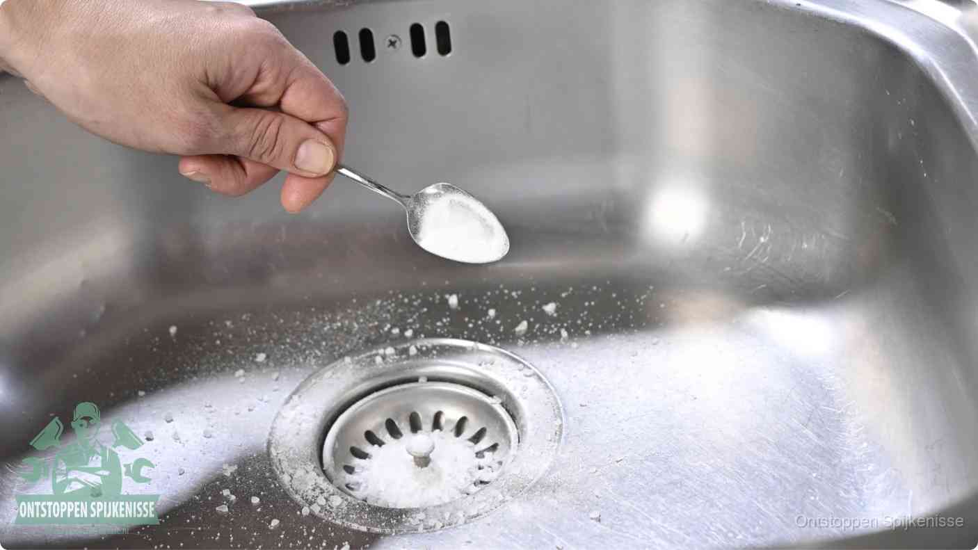 Een hand strooit met een lepel soda in de afvoer van een roestvrijstalen spoelbak, de soda en azijn huismiddel-methode om de afvoer te ontstoppen in Spijkenisse