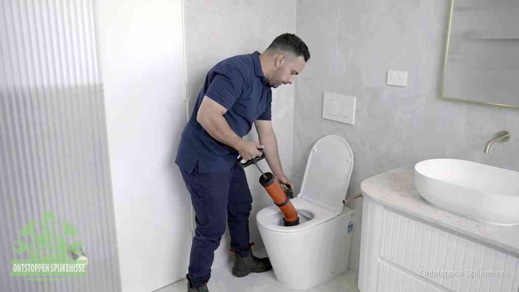 Een monteur buigt over een wandcloset en duwt met de hand een persluchtontstopper in de toiletpot om de verstopping handmatig los te maken in Spijkenisse