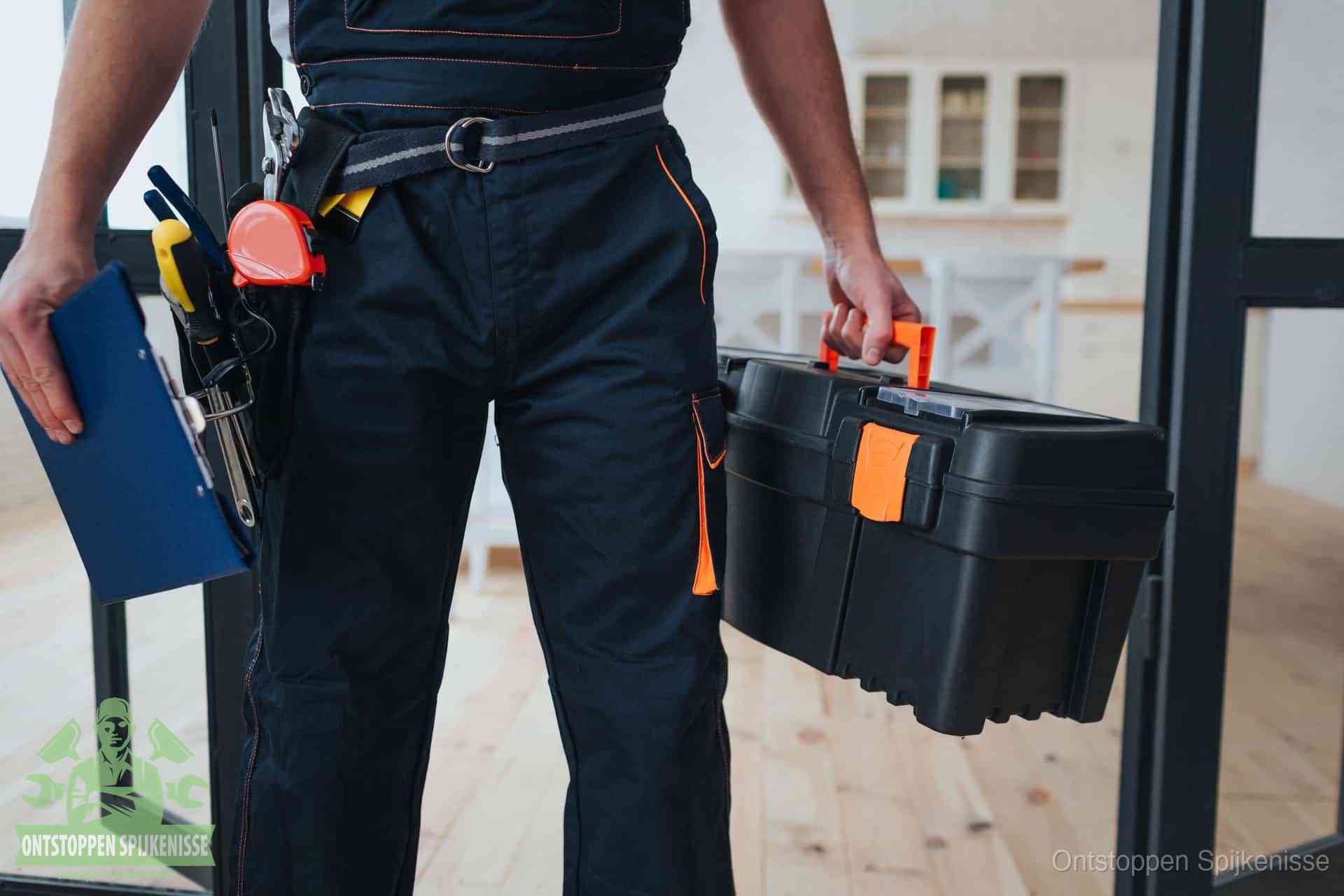 Een monteur met gereedschapsriem en klembord, klaar om een transparante prijs voor het wc ontstoppen in Spijkenisse te geven