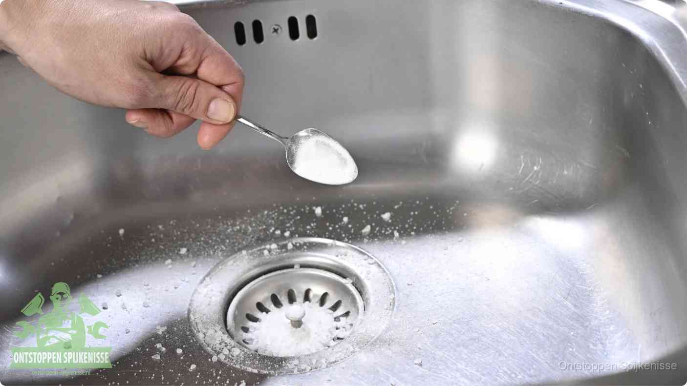 Een hand strooit met een lepel soda in een afvoerputje, de soda en azijn huismiddel-methode om de wc te ontstoppen in Spijkenisse