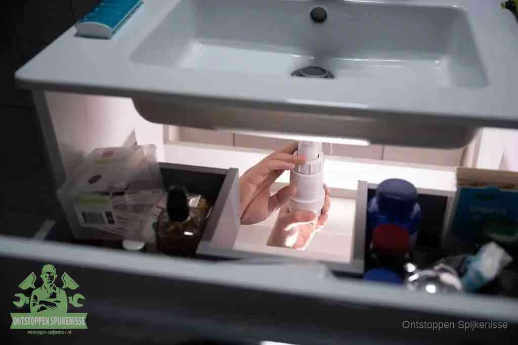 Een pompfles met zeep boven een wastafel in de toiletruimte, de warm water en afwasmiddel-methode om de wc te ontstoppen in Spijkenisse