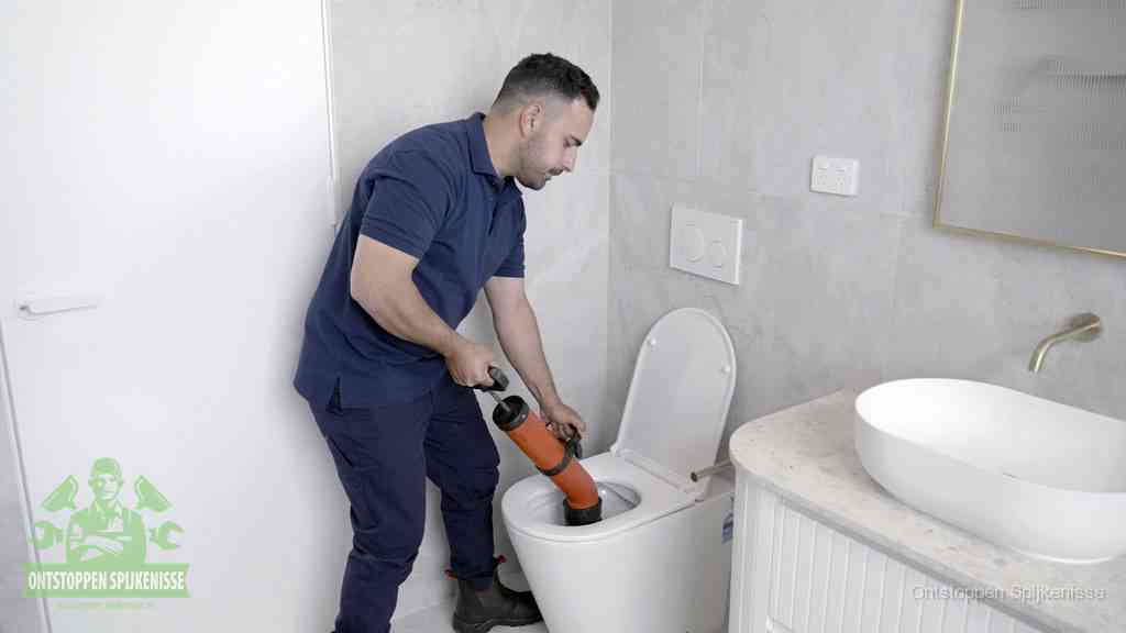 Een monteur gebruikt een handmatige perspomp (toiletontstopper) op een wandcloset tijdens het professioneel wc ontstoppen in Spijkenisse