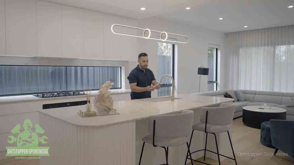 Een bewoner bij de keukenspoelbak die zelf aan de slag gaat met een verstopte gootsteen in Spijkenisse