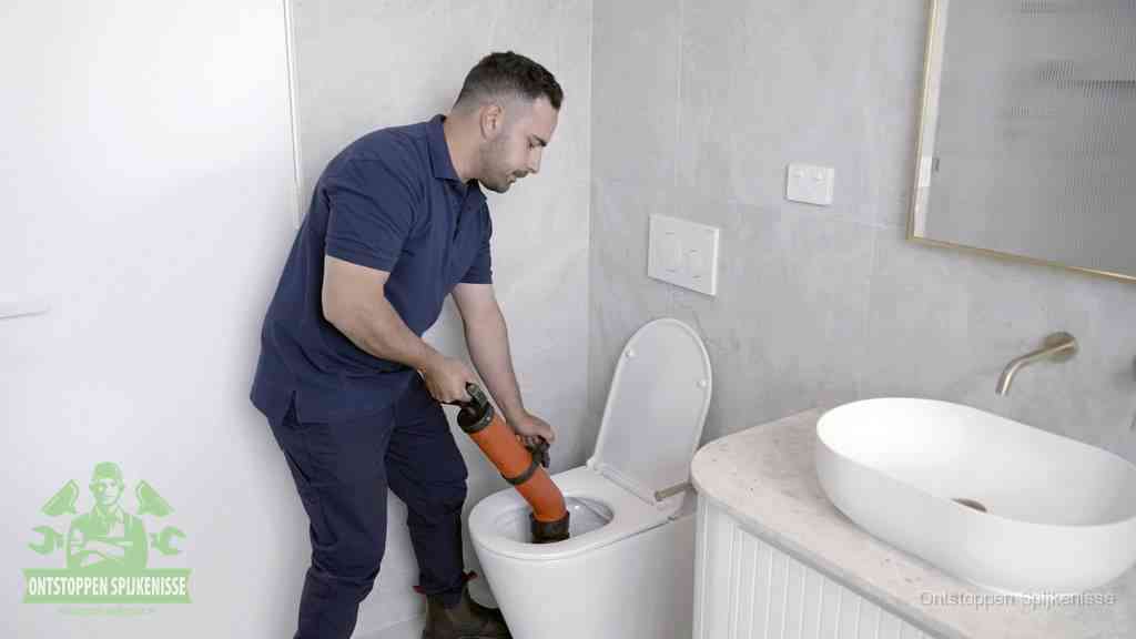 Een man gebruikt een handmatige luchtdruk-ontstopper in een modern betegeld toilet om zelf de wc te ontstoppen in Spijkenisse
